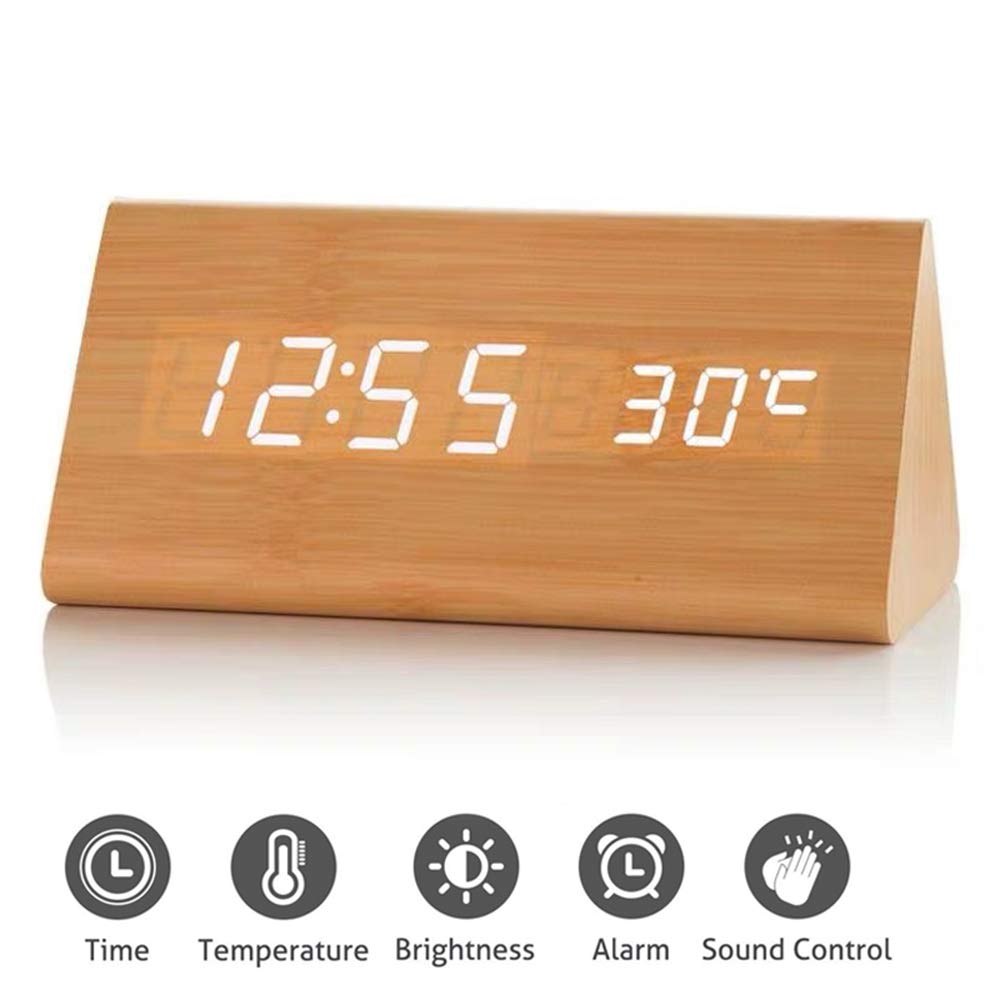 GLOREEY Wooden Wood Clock, 2019 New Version LED Alarm Digital Desk Clock 3 Levels Adjustable Brightness, 3 Groups of Alarm Time, Displays Time Date Temperature - Bamboo (White Light)