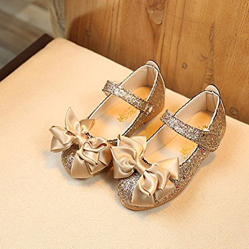 Minisoya Children Toddler Baby Girls Fashion Bling Glitter Princess Sandals Bowknot Dance Nubuck Leather Single Shoes (Gold, Age:4.5-5T)