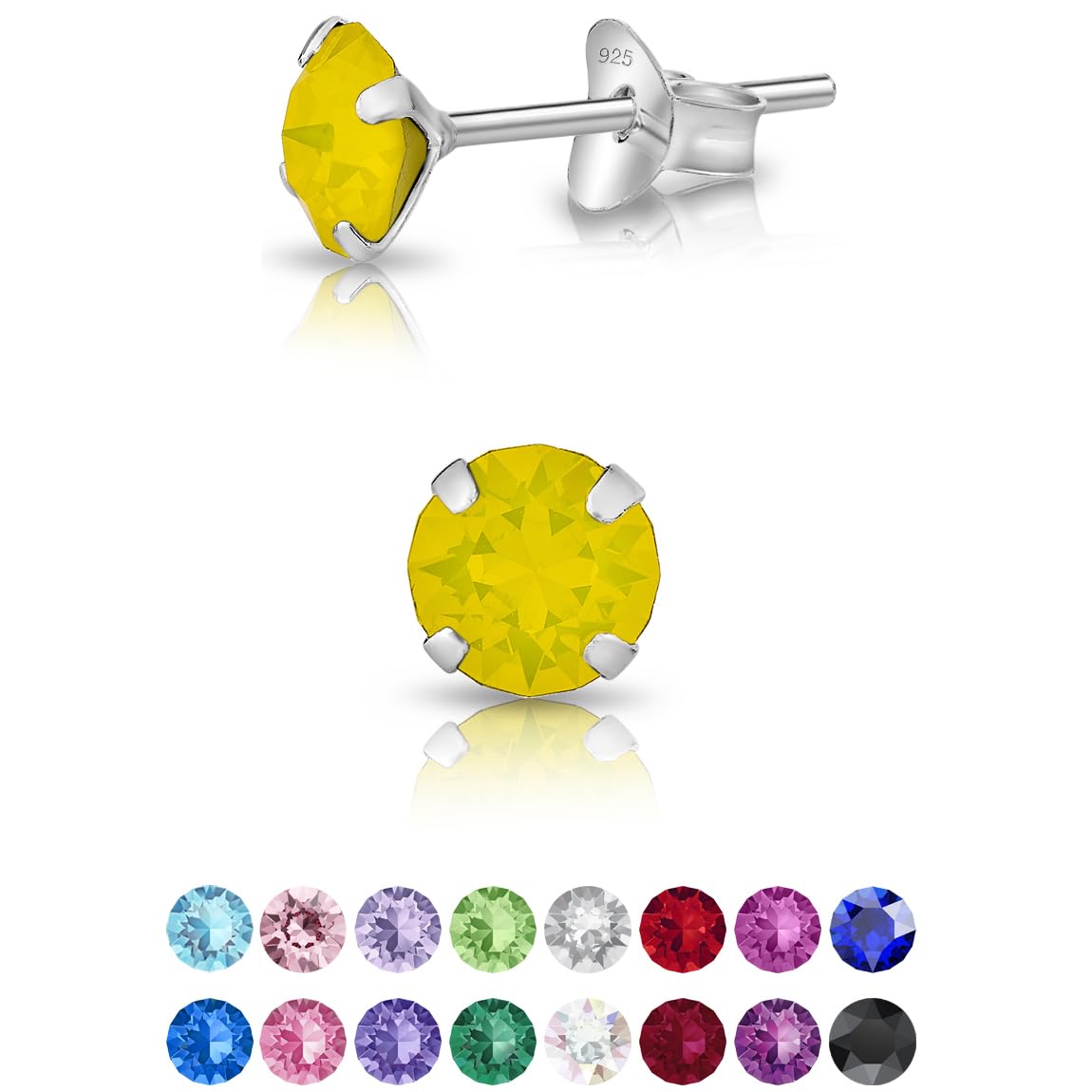 925 Sterling Silver Round SMALL Stud Earrings made with Glittering Crystals - Silver Studs Earrings for Woman - Diameter: 5 mm - Colour : Yellow Opal