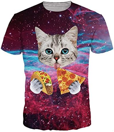 ColorFino Unisex Funny 3D Printing Laser Cat T-shirt Hipster Clothing,Cat &amp; Pizza,Large