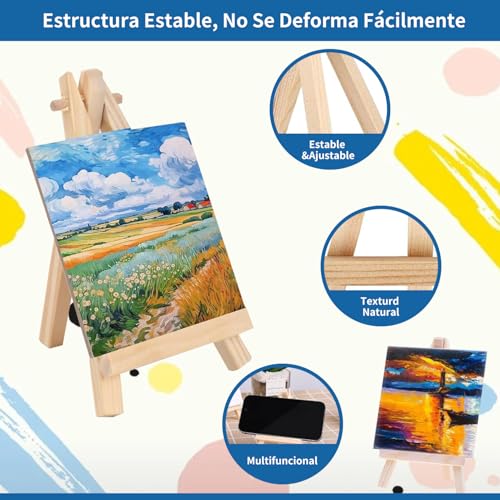 14 Mini Lienzos y Bastidores,Mini Lienzos y Caballetes con 14 Caballete,14 Pinceles, 3 Paletas de Arte y 12 Mini Pinturas Acrílicas, Juego de Caballete de Pintura, Ideal para Casa,Escuela(8×8 cm)