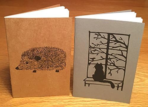 Set of 2 hand-printed linocut block print notebooks, journals