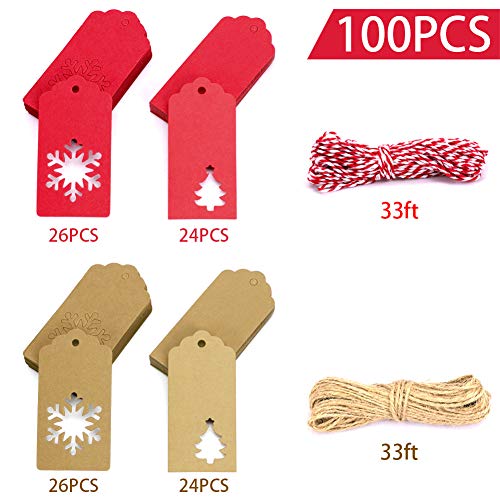 Tags Kraft Paper Brown Red Christmas Gift Tags with Holes Small Xmas Gift Tags with Twine Vintage Gift Labels Tags Bulk 100pcs