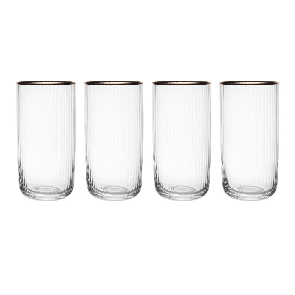 MIKASA Sorrento Highball Glasses, Set of 4 Ridged Crystal Cocktail Glasses, 510ml Tumbler Glass Set, Perfect for Water, Juice, Mocktails, Ideal Glassware for Parties, Celebrations, Drinkware Gift Set