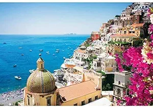 OERJU 5x3ft Italy Backdrop Seaside Town Scenery Backdrop Little Town Resort Spring Blue Ocean Background for Photography Wedding Banner Kids Adults Photo Background