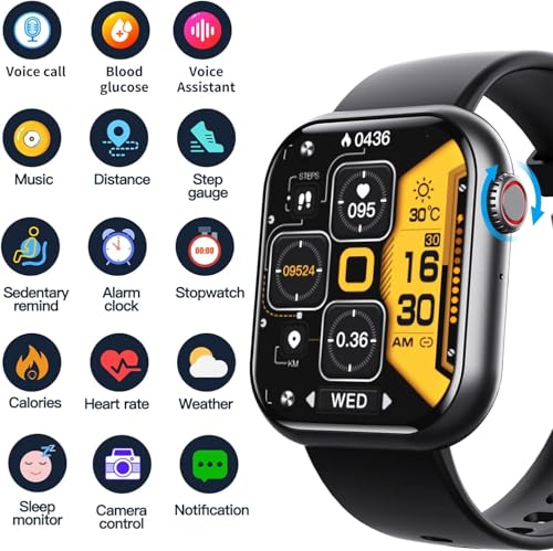 Blood Glucose Smart Watch, Health Monitor for 24/7 Blood Sugar, ECG/SpO2, Heart Rate Sleep Pressure Fitness Tracker Watch, 1.91'' Touch Screen, Bluetooth Answer/Make Call, 50+ Sports Modes (Black)