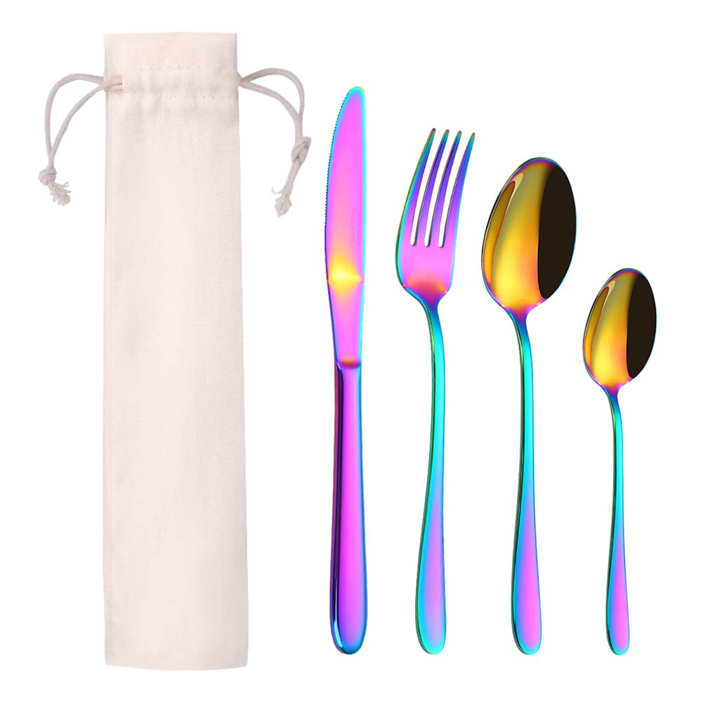 PHILIPALA besteck Edelstahl 4-teiling Utensilienset Geschirr Tafelmesser Esslöffel Gabel Dessertlöffel，Besteck set für die reisende Camping-Regenbogen