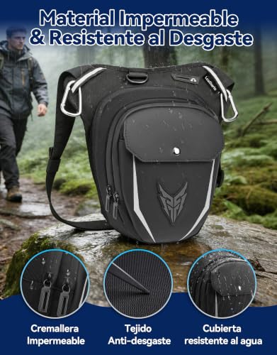 Leathario Expandable Motorcycle Leg Bag with Adjustable Straps, Multifunctional Waterproof Leg Bag for Motorcycle Cycling Hiking with Carabiners and Reflective Strips, Black - Grey Label