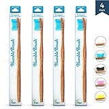 Bamboo Vegan Toothbrush [Set 4] - All Natural Wooden Toothbrushes - Organic, Eco-Friendly and Biodegradable with BPA Free Bristles - Helps Save the Planet and Kids in Need [Adult Blue]