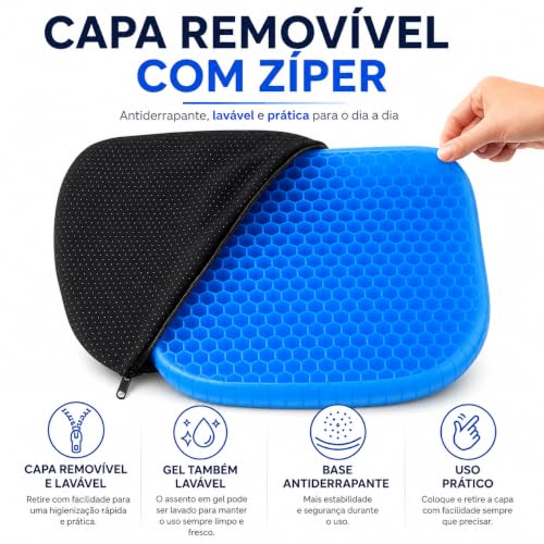 Almofada Ortopédica de Assento em Gel Silicone com Capa (Cóccix/Coluna) | Capa Lavável Antiderrapante, Para Cóccix, Coluna, Hemorroida, Para Idosos, Escritório, Cadeira de Rodas, Carro, Casa
