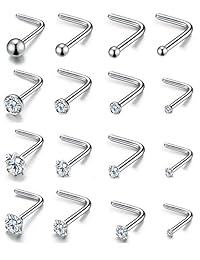 Piercing de nariz de acero inoxidable con forma de L y circonita cúbica para mujer, 0.71 oz, 16 unidades