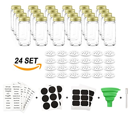 Nellam French Square Glass Spice Jars â€“ Set of 24 with Shaker Lids and Chalkboard Sticker Labels, Small 4oz Bottles - Stackable Herbs and Spices Containers - Decorative Organizers in Gold