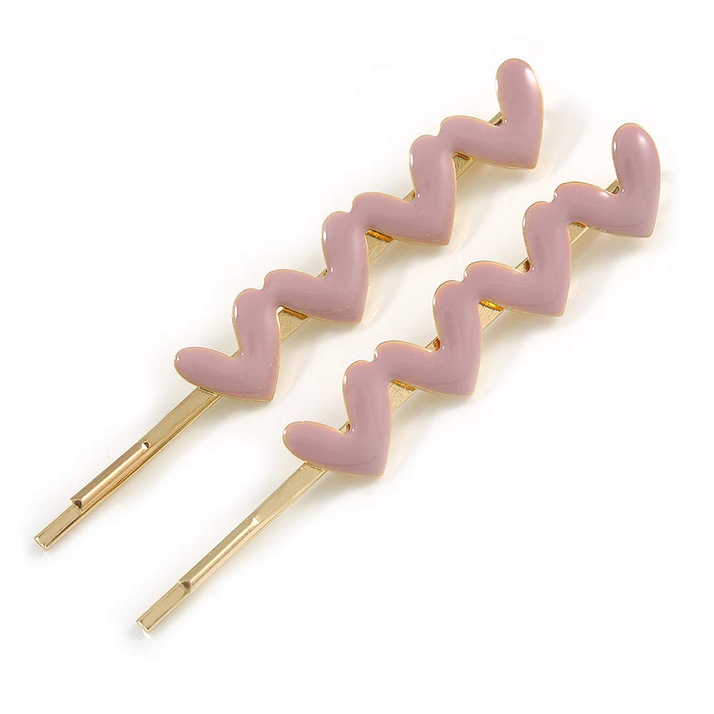 2 Gold Plated Pastel Pink Enamel Heart Hair Grips/Slides - 65mm