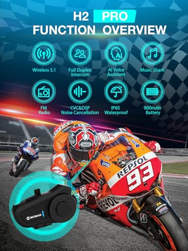Moman H2Pro Motorcycle Intercom Pair – Universal Connectivity, Motorcycle Helmet Headset 1000M Communication System DSP & CVC Noise Reduction Hi-Fi Stereo Music Sharing FM Voice AI IP65