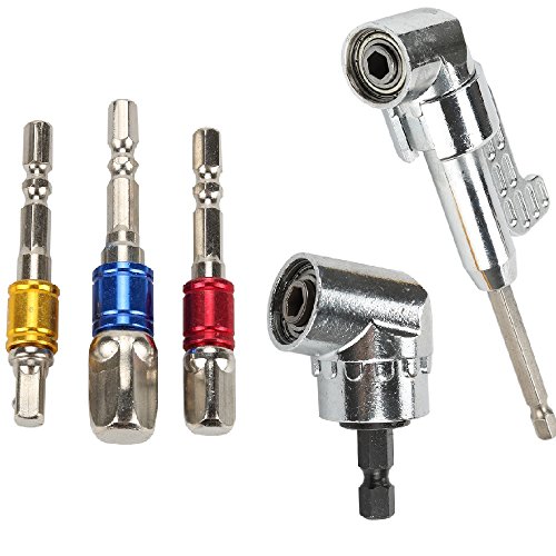 Ginode 1PC 105 Degree Right Angle Drill Angle Extension Power Screwdriver Drill+1PC Angle Extension Socket Holder Adapter+3PCS 1/4" 3/8" 1/2" Hex Shank Square Nut Driver Power Drill Bit (5PCS)