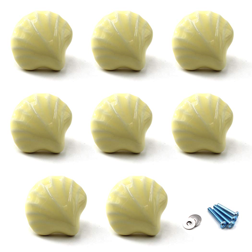 Flomore Yellow Drawer Knob Ceramic Cabinet Knobs Kids Room Handle Pull Shell Shape for Dresser Drawers (Pack of 8 Screws Included)
