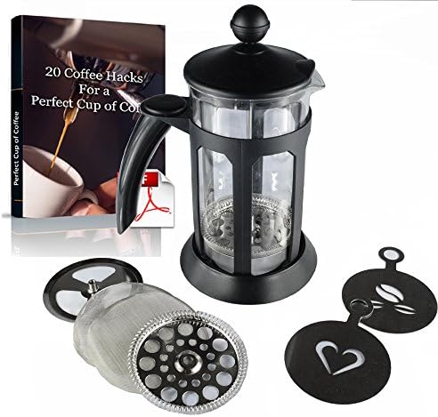 CalCore Professional French Press Coffee Maker With TG Extreme Thermal Glass, And Two Stainless Steel Coffee Art Template Stencils For Home, Car, and Camping