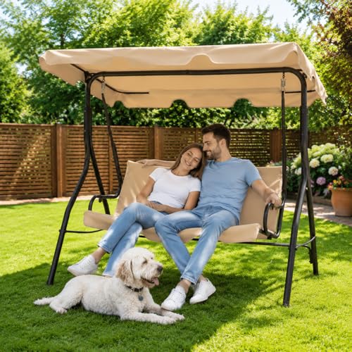 Garvee 3 Seat Outdoor Porch Swing with Adjustable Canopy, Patio Swing Chair