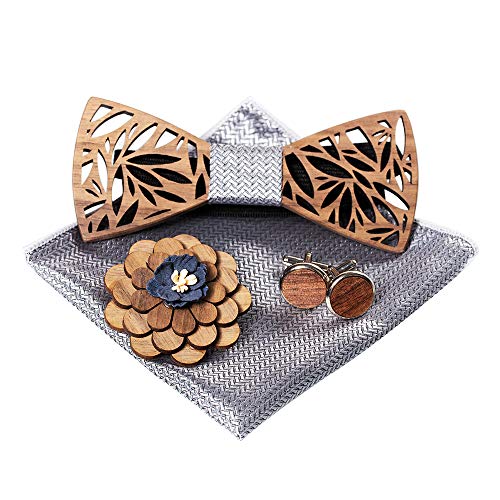 Amzchoice Classic Handmade Mens Wood Bow Tie with Matching Pocket Square Men's Cufflinks Lapel Flower Set (C3), Large