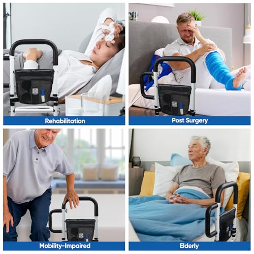 INCIKITI Bed Rail for Elderly Adults Bed Grab Rail Up to 136KG, Adjustable Heights Bed Safety Rails for Adults, Bed Handle for Getting Out of Bed with 2 Grab Bars and Storage Pocket