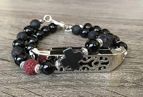 Luxury Set Onyx Stones Bracelets for Fitbit Flex 2 Fitness Tracker Handmade Onyx &amp; Lava Natural Beads Band Fashion Accessory Black Cross Religious Charm Jewelry Wristbands