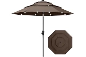 ABCCANOPY 3-Tiers 9FT Solar Patio Umbrella, Outdoor Umbrella with 32 LED Lights for for Deck, Pool, Garden, Backyard (Brown)