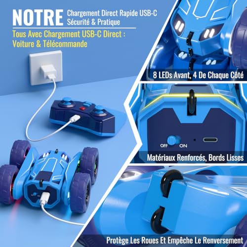 MaxTronic Exclusive Double Direct Charging Remote Control Car with Adjustable LED 360° Stunt 15km/h Off-Road RC Toy Party Gift for 3-12 Years Boy Girl