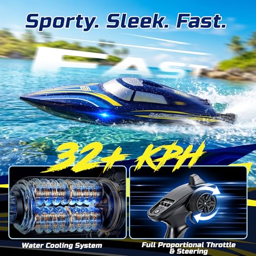 DEERC 14" Fast RC Boat for Kids & Adults, 32+ KPH Remote Control Speed Boat with 2x1200mAh Batteries, Auto Self-Righting Waterproof Toy for Lakes & Pools