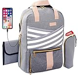 Baby Diaper Bag Backpack Large Cute Stylish Travel Maternity Nappy Bag for Mom Women Fashion Waterproof Convertible Diaper Purse for Girl Boy Twins - Designer Changing Pad, USB Charging Port, Gray	