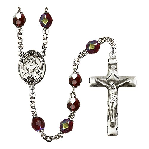 St. Julie Billiart Silver-Plated Rosary 7mm January Red Lock Link Aurora Borealis Beads Crucifix Size 1 3/4 x 1 medal charm