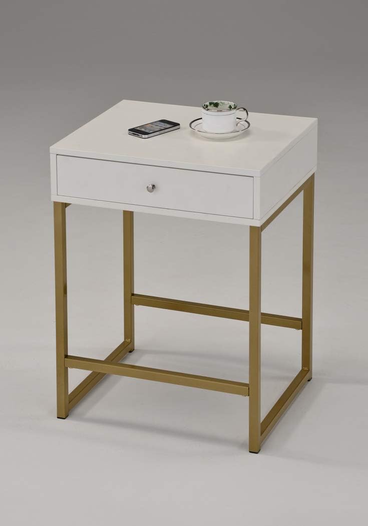 White and Gold Finish Modern Accent Side End Table Nighstand with Drawer