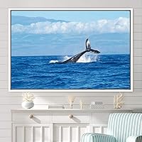 Framed Canvas Wall Art Swimming Free Cool Group Marine Life Multicolor Nautical Photography Realism Relax/Calm Whale - 16x24 inches