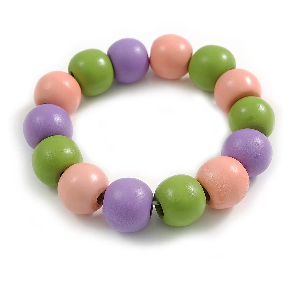 Avalaya Chunky Wooden Bead Flex Bracelet Pink/Lilac/Lime Green - M/L