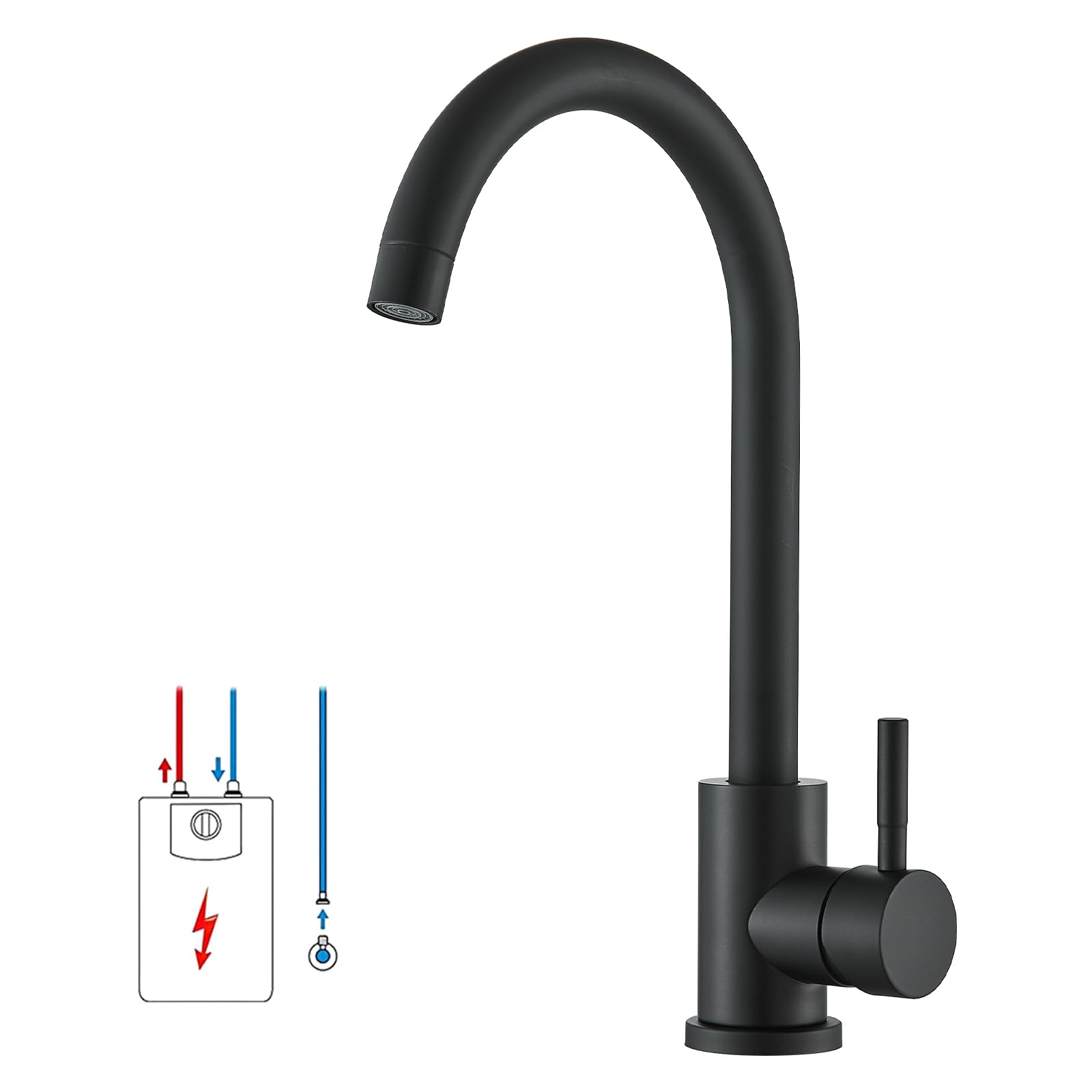Suguword Kitchen Tap, Black, Low Pressure, Single Lever, 360° Rotatable, Matte Black Finish, Copper Material, Contemporary Style, 1 Hole Installation, Ceramic Valve, 1.8 GPM Flow Rate