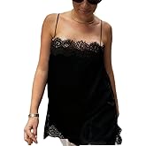 Women Satin Lace Trim Cami Top Elegant Square Neck Spaghetti Strap Tank Tops Silky Side Slit Flowy Camisole