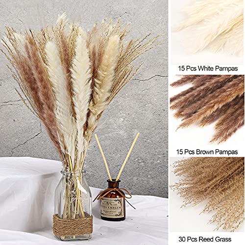 COREAET Natural Dried Pampas Grass, 60 Pcs ( 30 Pcs Reed Grass + 15 Pcs White Pampas + 15 Pcs Brown Pampas ), 18 inch Flowers Bouquet, DIY Boho Plant, Flower Arrangements for Home Decor Wedding Party