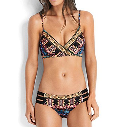 Challyhope Bikini Swimsuit, Women Monokini Sexy Bohemia Push-up Bra Beach Bathing Suit Two Piece (L, Black)