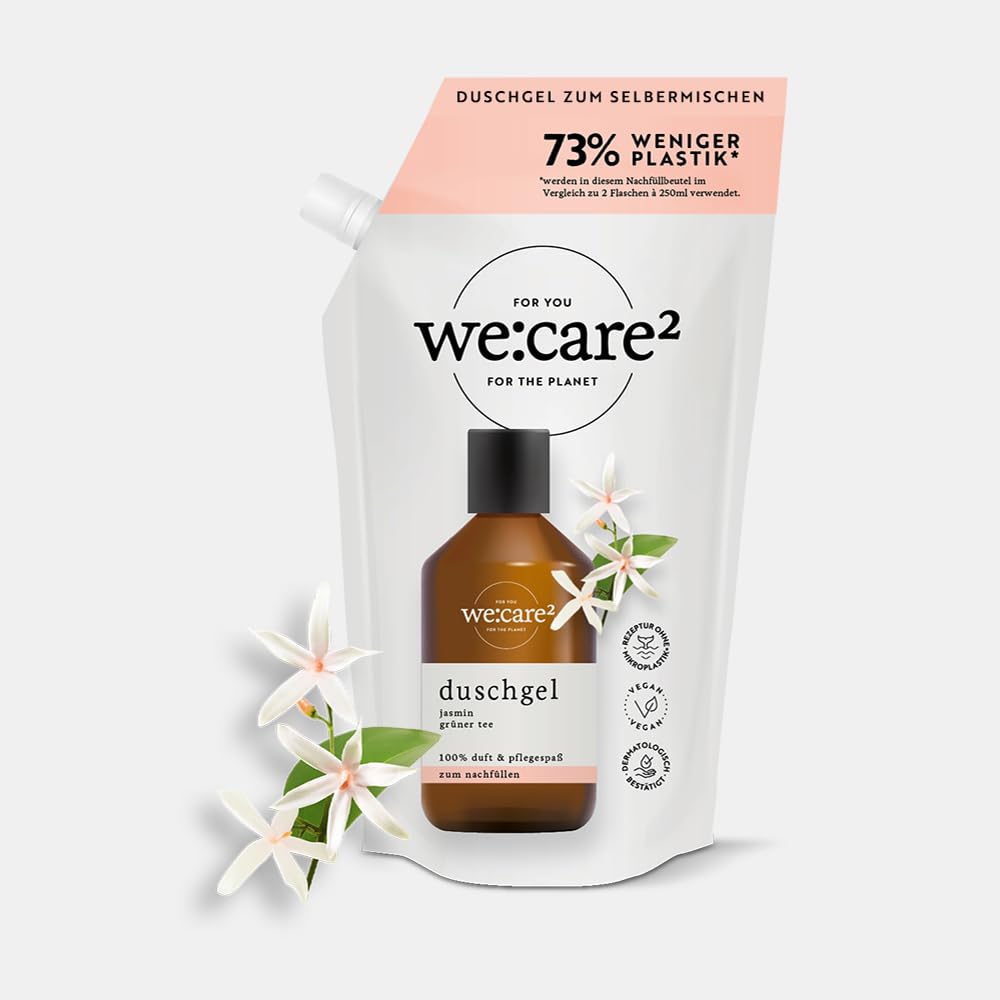 we:care² Duschgel Nachfüllbeutel 500ml Jasmin/Grüner Tee - Nachhaltiger & veganer Duschgel Nachfüllpack ohne Silikone, Parabene & Mikroplastik - Flüssigseife Nachfüller - Refill