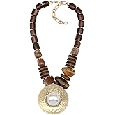 Pearl Pendant Necklace for Women Wood Bead Chunky Statement Resin Gold Color Charm Ethnic Tribal Boho Fashion Vintage Jewelry