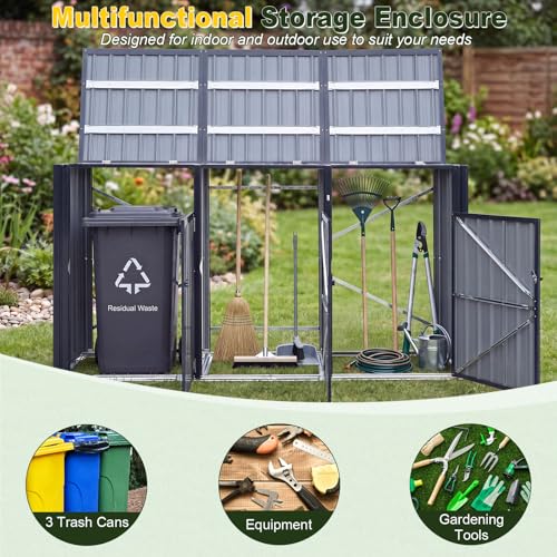 Goplus 7.8 x 2.6 FT Outdoor Trash Can Storage, 3-Bin Metal Garbage Shed with Flip-Up Lids & Lockable Doors, Galvanized Steel Utility Enclosure for Garden Tools Equipment, Patio, Backyard & Yard