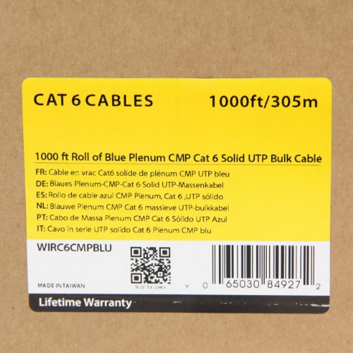 StarTech.com 1000 ft Roll of Blue Plenum CMP Cat 6 Solid UTP Bulk Cable - CMP/FT6 Plenum Fire Rating - ETL Verified - 23 AWG - 1000ft Cat6