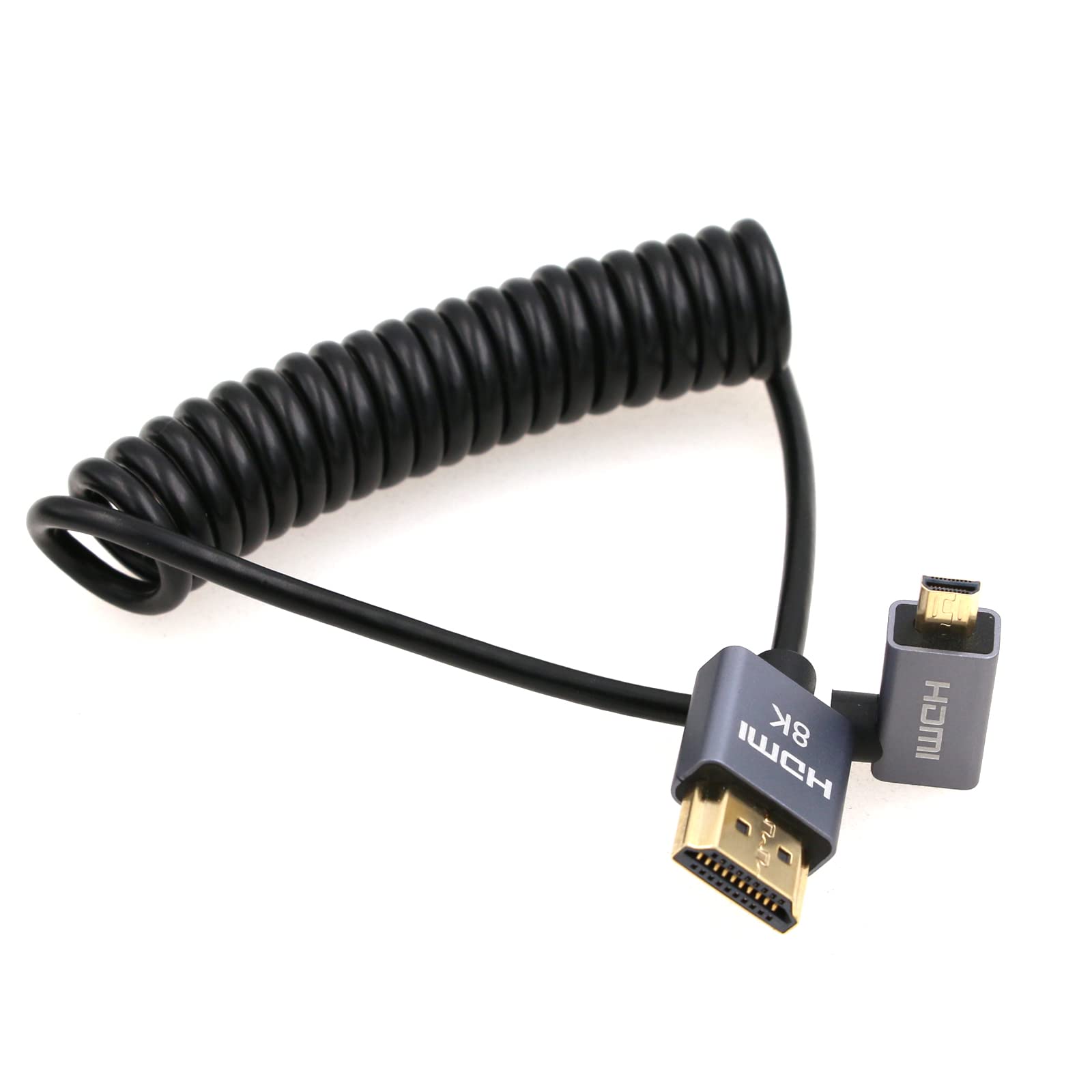 Eonvic 8K 2.1 HDMI to Micro HDMI Right Angle Cable High Speed 48Gbps Coiled Cable for Atomos-Ninja-V 4K-60P Record 48Gbps HDMI for Canon-R5C,R5,R6