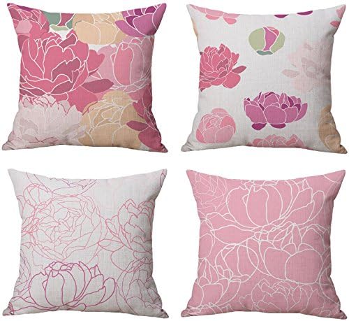 BLUETTEK Spring Vibes Floral Peony Printed Decorative Throw Pillow Case Covers Set of 4 for Couch, Sofa (Pink Peony)