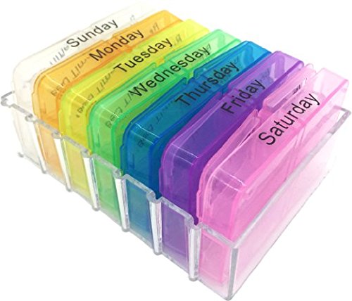 AUCH Portable Travel Weekly Pill Box Organizer Reminder - 7 Day 28 Compartments Tablets Storage Box Medicine Dispenser Vitamin Holder - 4 Times a Day Detach Case