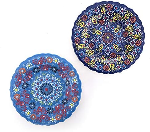 Ayennur Turkish Ornamental Plates Set of 2-7.08 Inch(18cm) Multicolor Handmade Ceramic Decoration for House&Workplace Wall Hanging Decors