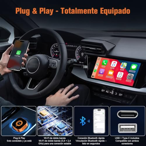 4 in 1 Wireless CarPlay Adapter: Wireless CarPlay and Android Auto Wireless AirPlay and Miracast - Dual Band WiFi 2.4/5 GHz - Plug & Play Automatic Connection for Cars with Wired CarPlay