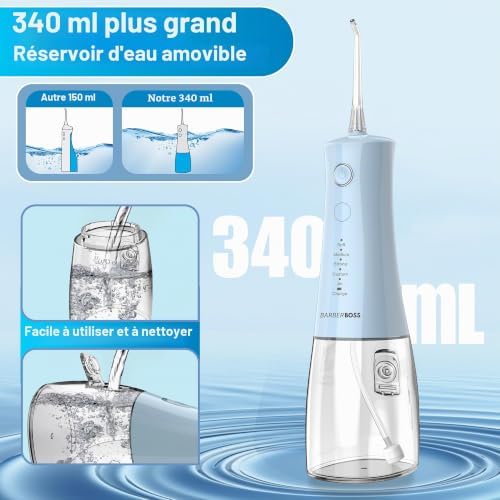 jet dentaire, irrigateur buccal sans fil, fil dentaire électrique, 5 modes pression, étanche IPX8, irrigateur buccal portable, kit nettoyage dents, QR-7102 (Bleu Pastel)