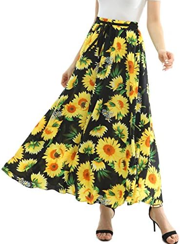 JOAUR Women Full/Ankle Length Floral Print Maxi Chiffon Long Skirt Beach Skirt, XX-Large, Black