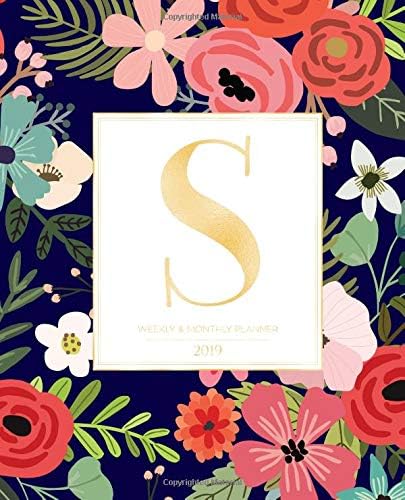 Weekly & Monthly Planner 2019: Navy Florals with Red and Colorful Flowers and Gold Monogram Letter S (7.5 x 9.25”) Vertical AT A GLANCE Personalized Planner for Women Moms Girls and School Paperback – 16 Nov 2018