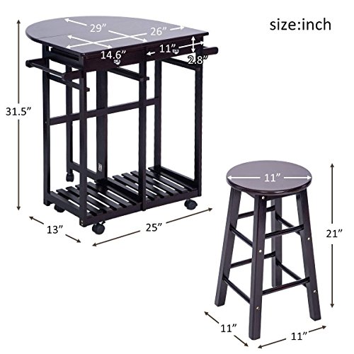 Breakfast Cart With 2 Stools,JULYFOX Drop Leaf Kitchen Island With Seating Chairs Wheels Storage Drawers Tower Rack Counter Height Tall Pub Bar Table Set 3 Piece Espresso For Small Spaces